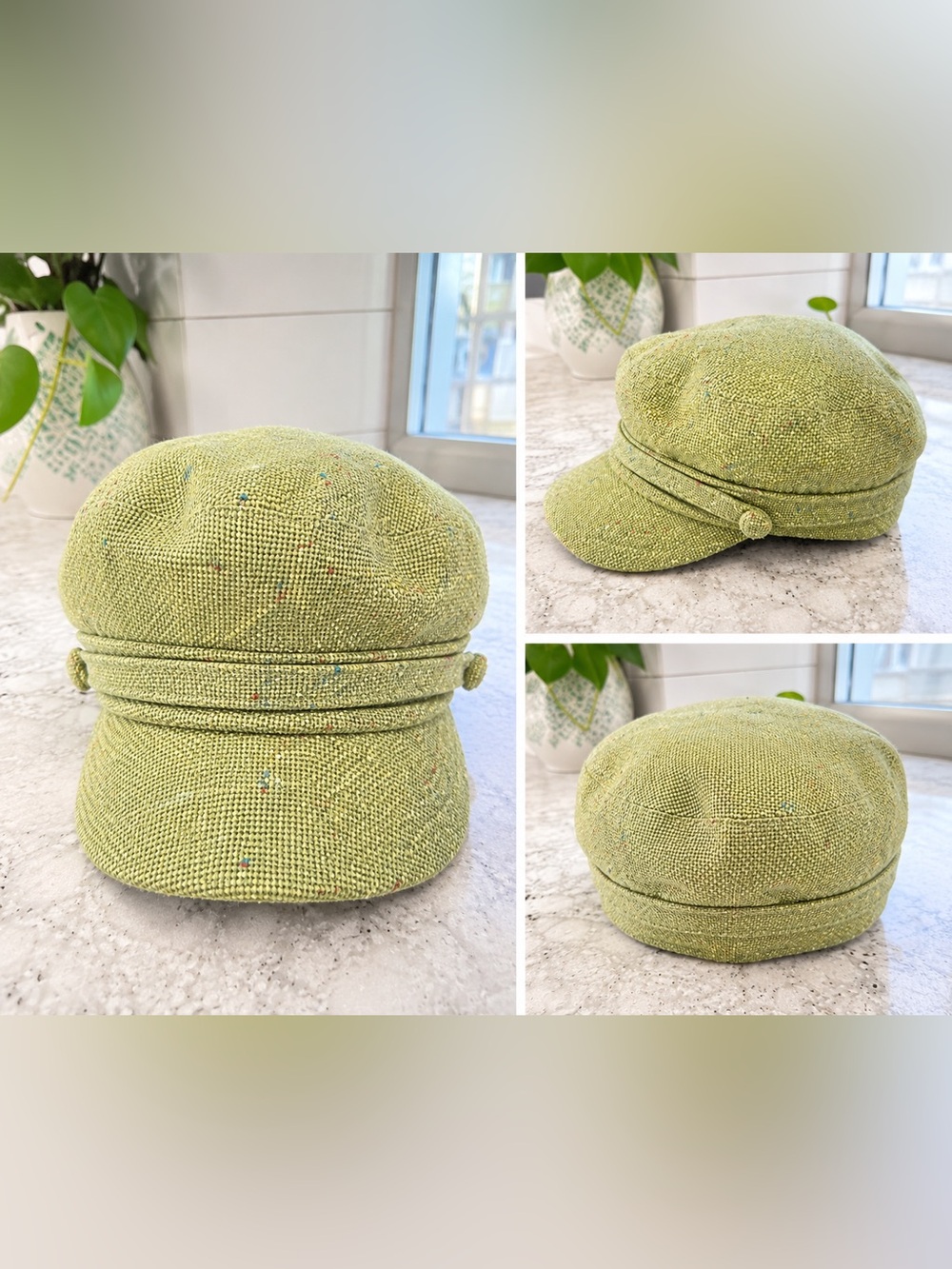 Vintage 1990s Sage Green Tweed Newsboy Hat | Y2K Cabbie Cap | Flecked Baker Boy
